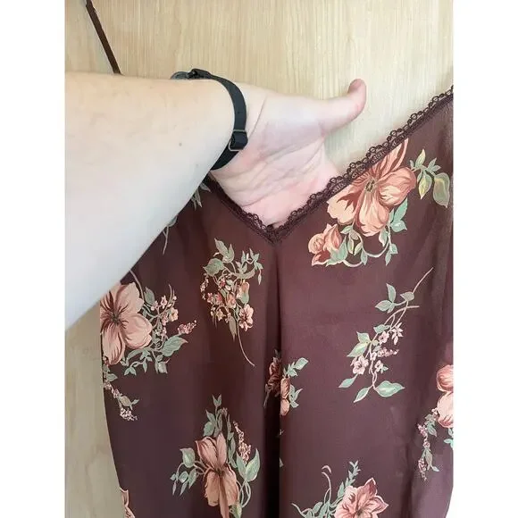 Vintage Victoria's Secret Brown Floral Slip Dress Sheer Lace Trim Coquette Y2K - Picture 3 of 5